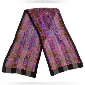 Vintage Vibrant Paisley Rectangle Silk Scarf Purple and Brown with Black Trim